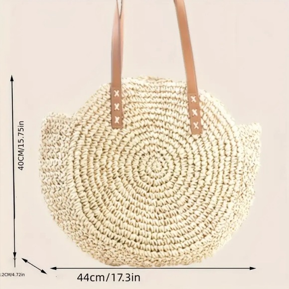 NEW! Round Woven Straw Boho Style Summer Beach Bag Large Capacity Shoulder Bag - Picture 4 of 5